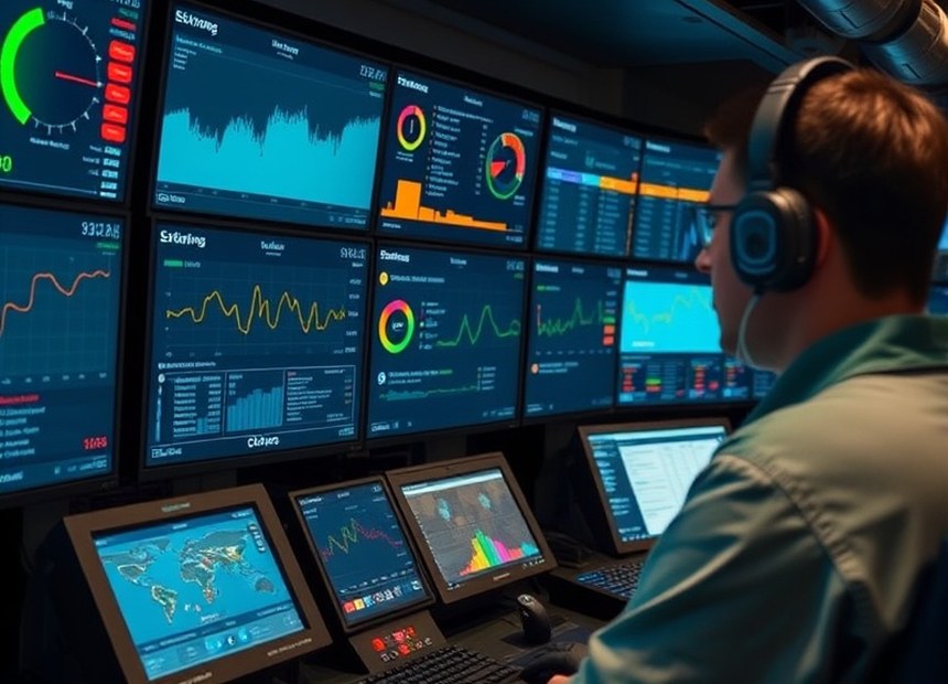 Centro de monitoreo con el estado de la red de terminales en pantalla