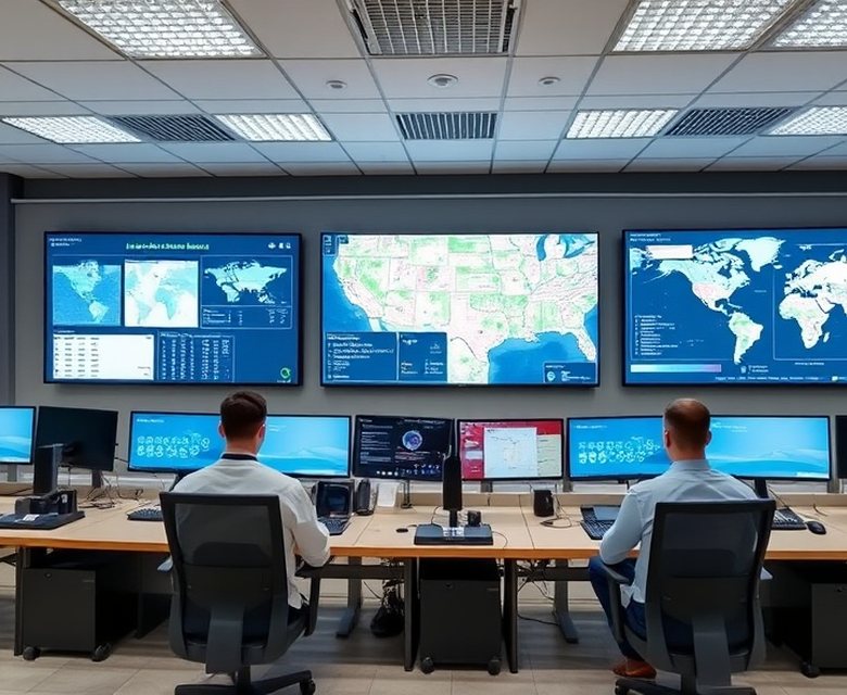 Centro de monitoreo con el estado de la red de terminales en pantalla